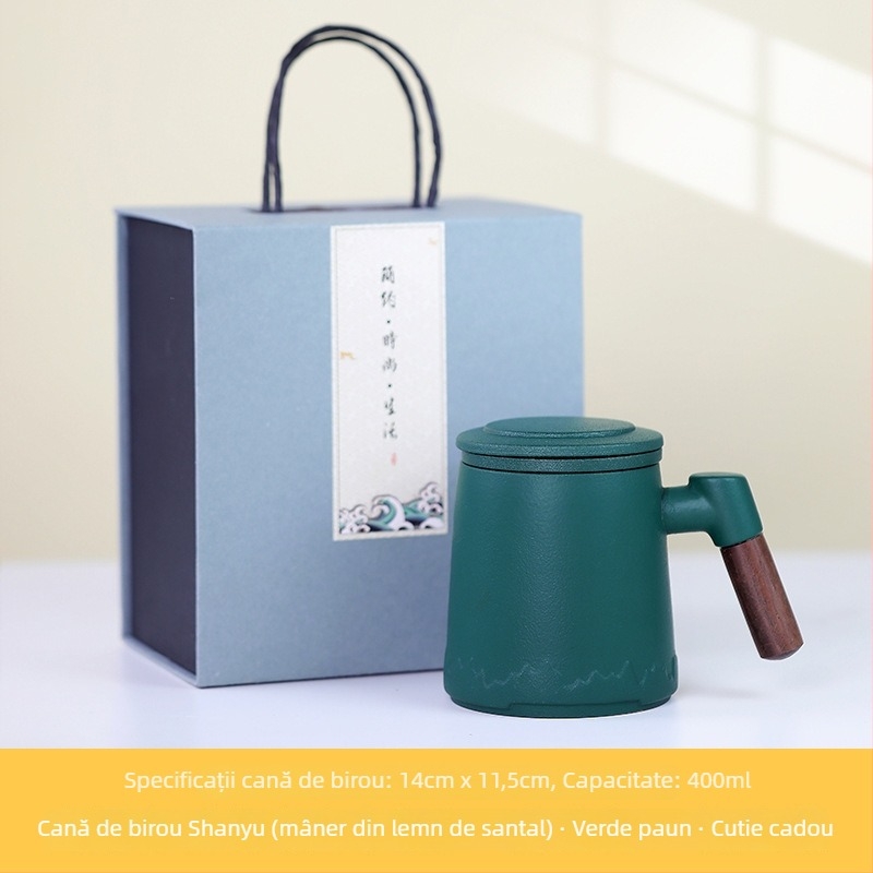 Ceașcă ceramică pentru ceai, cu filtru și capac, design simplu, potrivită pentru birou și cadouri festive