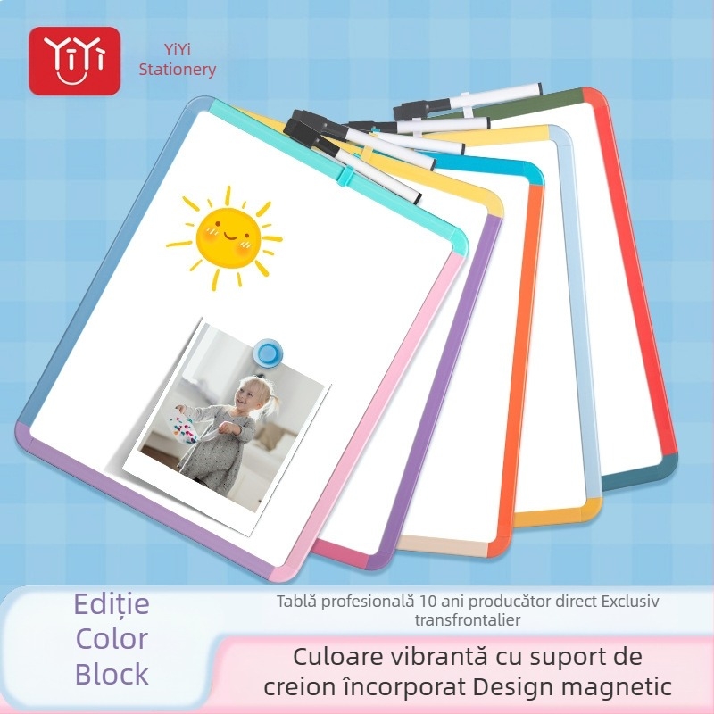 Tablă mică magnetică, albă, cu ramă din plastic – pentru desen, notițe și scriere, design cu margini colorate, suprafață reutilizabilă