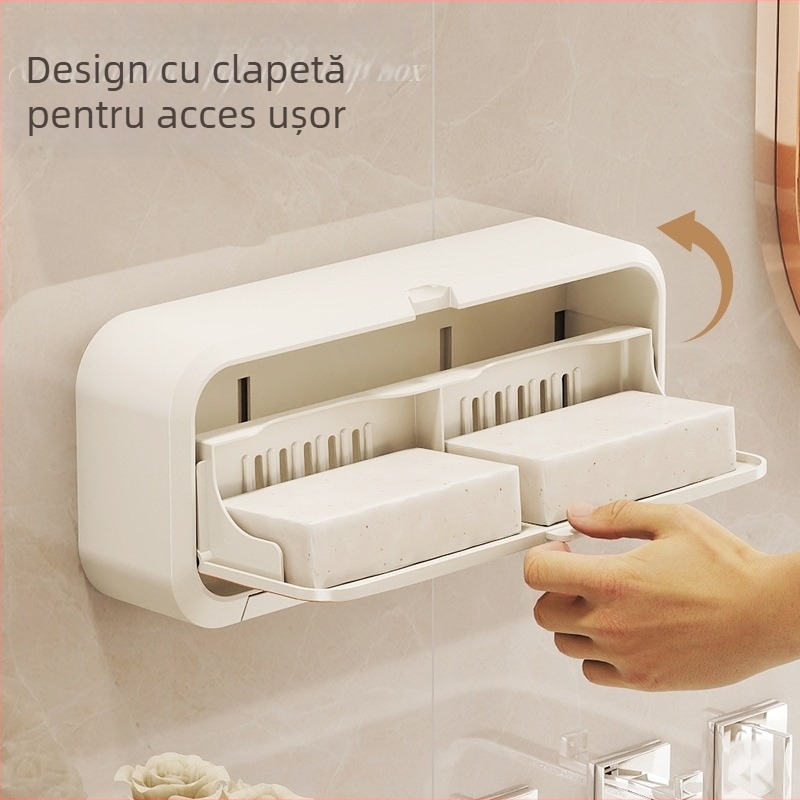 Recipient săpun montat pe perete, cu capac și suport de drenaj