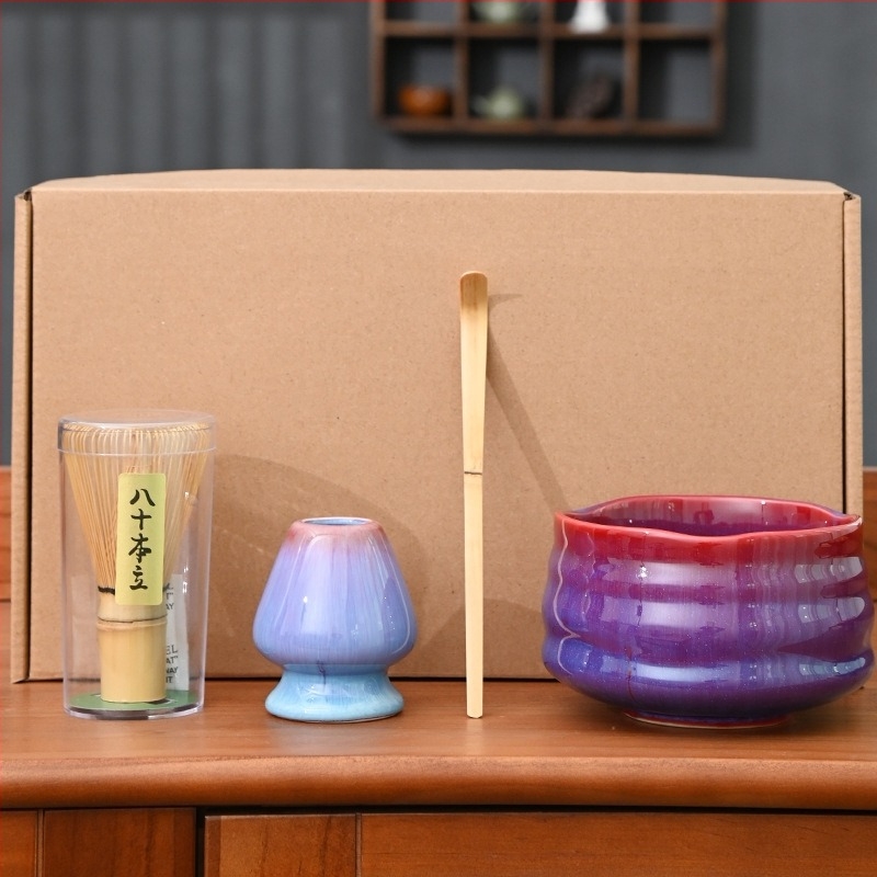 Set Matcha cu bol pentru ceai, tel de bambus, bambus alb, set de patru piese în cutie, farfurie cu flori de cireș, stil japonez