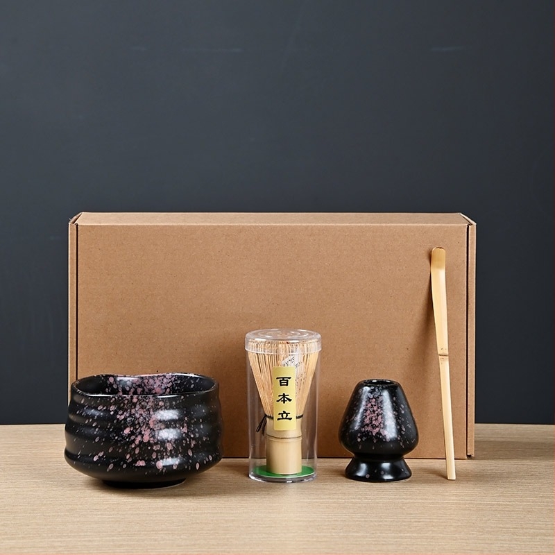 Set Matcha cu bol pentru ceai, tel de bambus, bambus alb, set de patru piese în cutie, farfurie cu flori de cireș, stil japonez