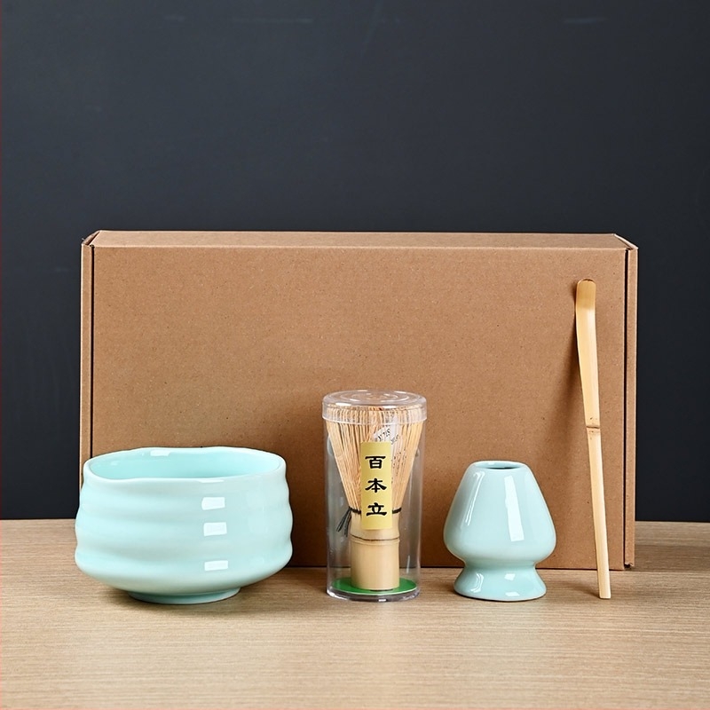 Set Matcha cu bol pentru ceai, tel de bambus, bambus alb, set de patru piese în cutie, farfurie cu flori de cireș, stil japonez