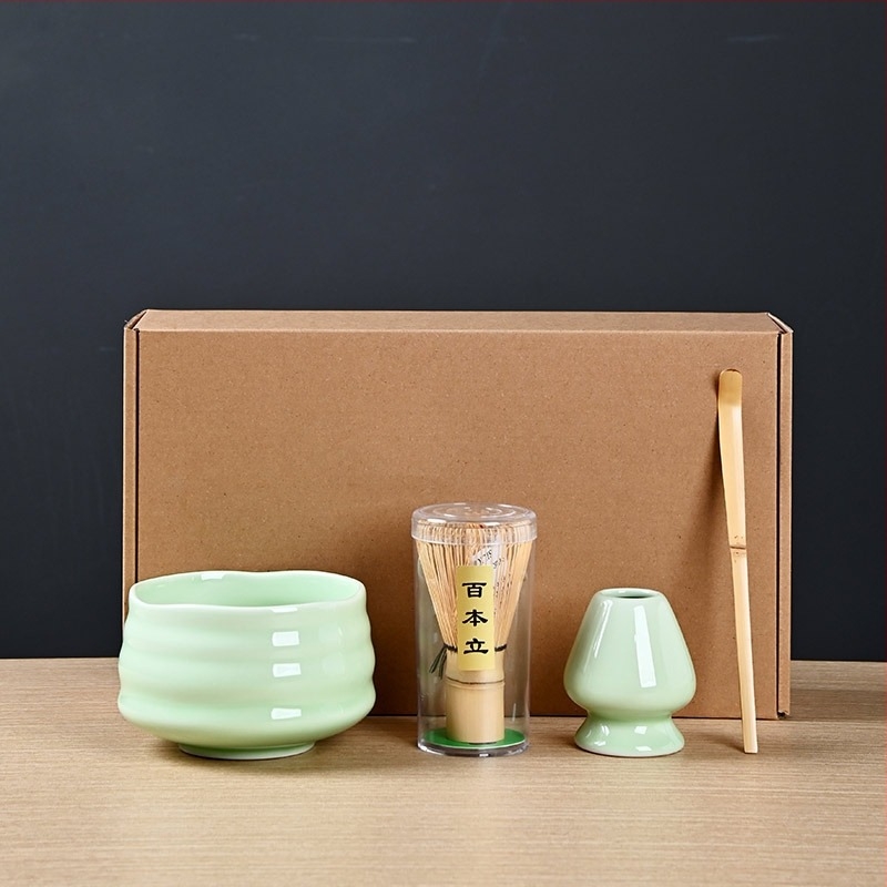 Set Matcha cu bol pentru ceai, tel de bambus, bambus alb, set de patru piese în cutie, farfurie cu flori de cireș, stil japonez