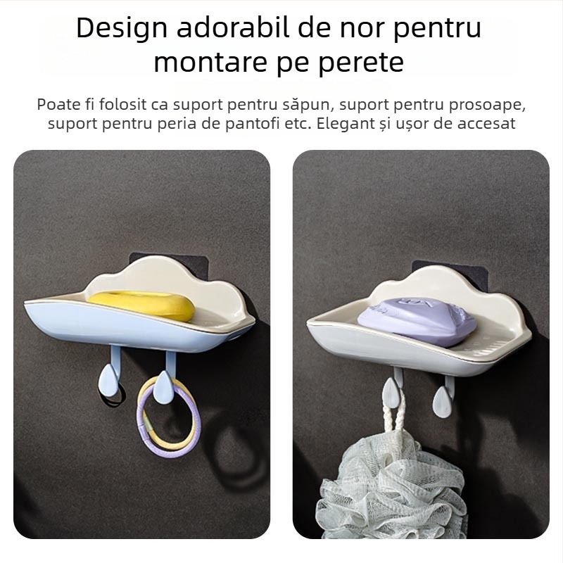 Suport de săpun cu două niveluri și drenaj, montaj pe perete fără găuri, suport drăguț pentru săpun în baie
