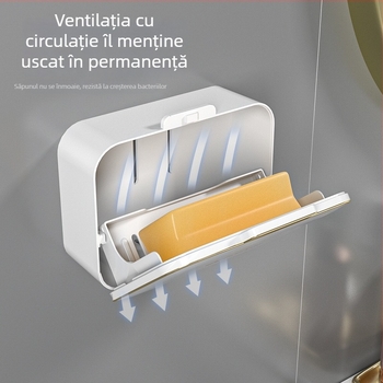 Suport de săpun montat pe perete, fără găuri, cu drenaj, capac, compartimentare dublă pentru baie