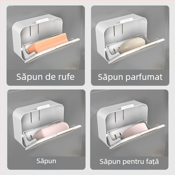 Suport de săpun montat pe perete, fără găuri, cu drenaj, capac, compartimentare dublă pentru baie