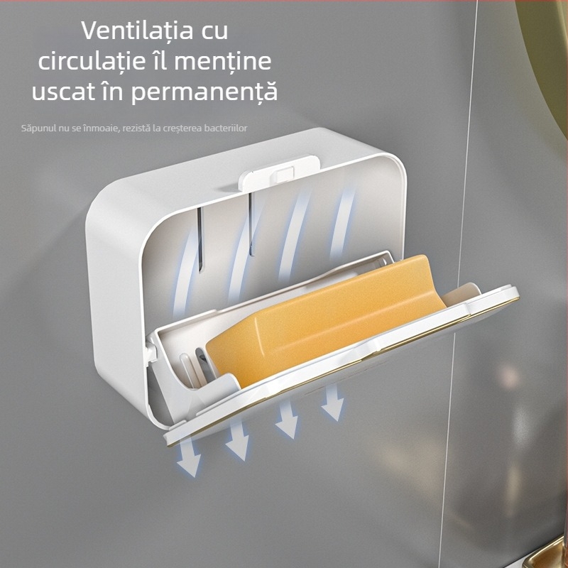 Suport de săpun montat pe perete, fără găuri, cu drenaj, capac, compartimentare dublă pentru baie