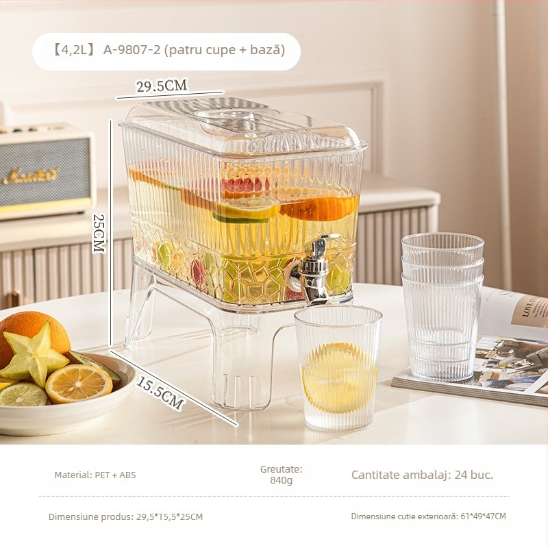 Carafă modernă minimalistă pentru apă rece, cu robinet încorporat pentru limonadă și băuturi din fructe; compatibilă cu frigiderul; recipient din plastic pentru gheață
