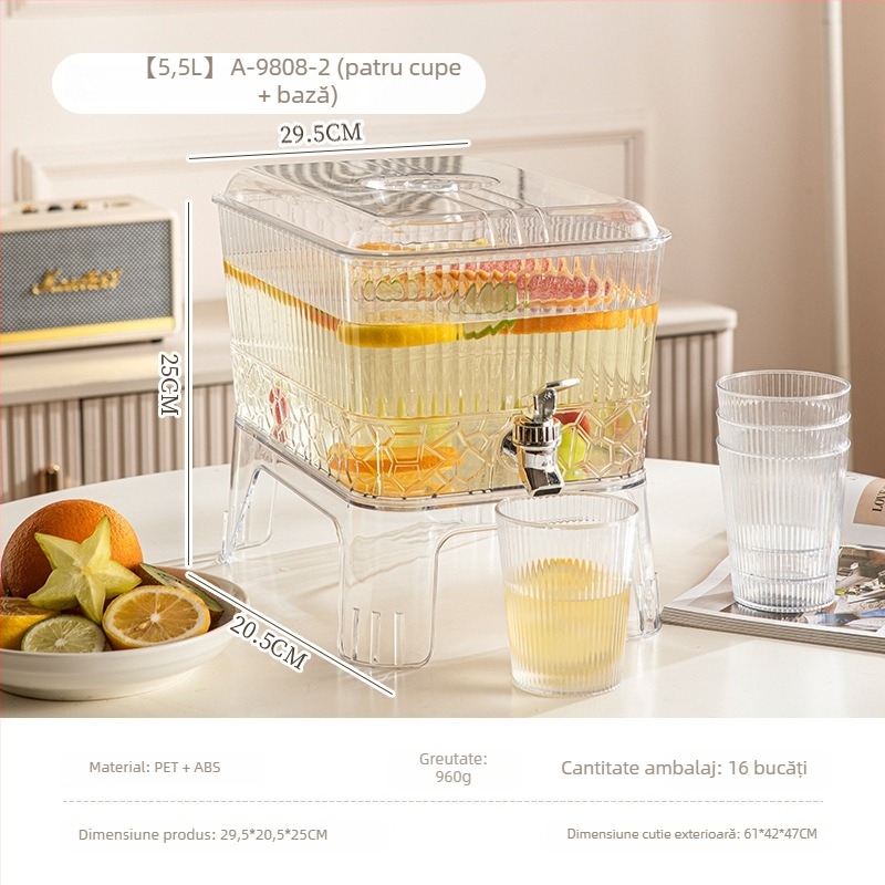Carafă modernă minimalistă pentru apă rece, cu robinet încorporat pentru limonadă și băuturi din fructe; compatibilă cu frigiderul; recipient din plastic pentru gheață