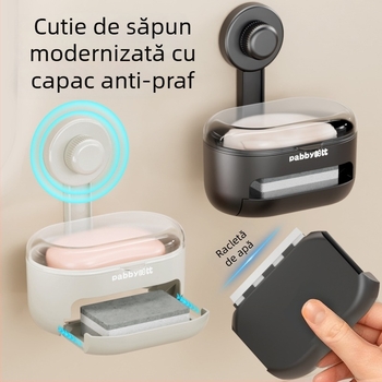 Holder de săpun cu capac, montat pe perete, cutie de depozitare pentru săpun și burete cu tavă de drenaj pentru baie