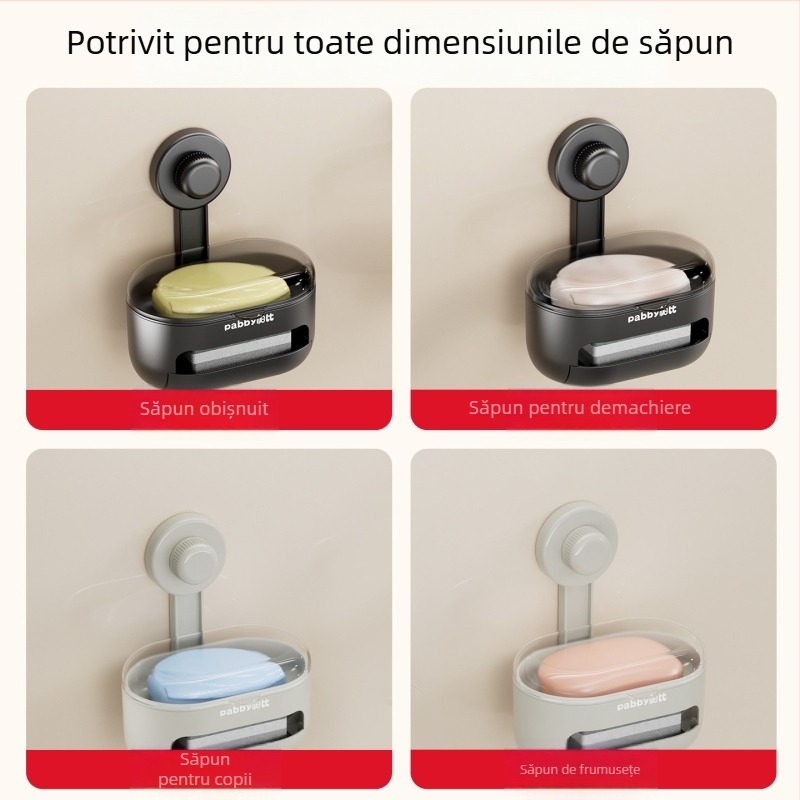 Holder de săpun cu capac, montat pe perete, cutie de depozitare pentru săpun și burete cu tavă de drenaj pentru baie