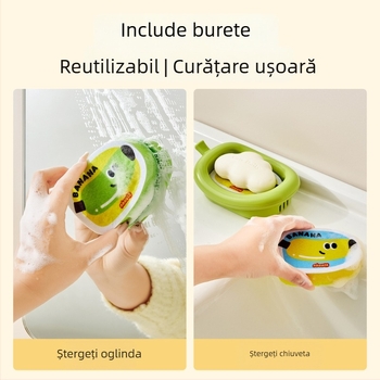 Cutie de depozitare pentru săpun cu drenaj și burete încorporat pentru curățarea feței, organizator pentru suprafața din baie