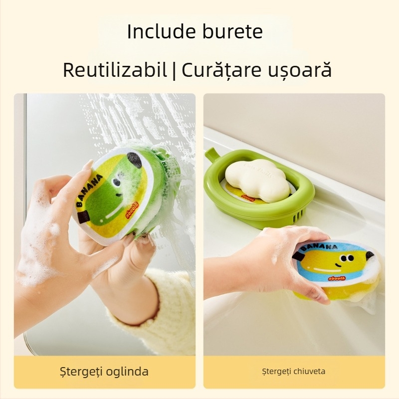 Cutie de depozitare pentru săpun cu drenaj și burete încorporat pentru curățarea feței, organizator pentru suprafața din baie