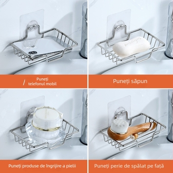 Raft de săpun din oțel inoxidabil, montat pe perete, cu drenaj și cutie de săpun pentru baie