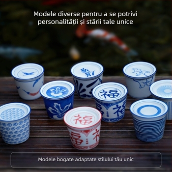 ceașcă de ceai cu glazură sub strat colorat și simbol de noroc, ceașcă japoneză tip choko alb-albastru, ceașcă de apă din porțelan, ceașcă de maestru — lux ușor retro