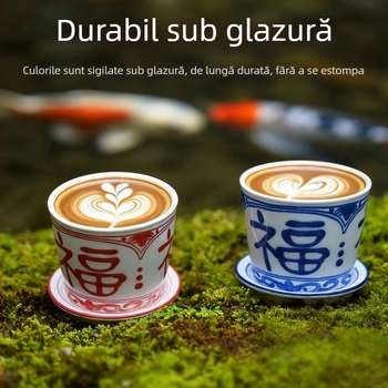 ceașcă de ceai cu glazură sub strat colorat și simbol de noroc, ceașcă japoneză tip choko alb-albastru, ceașcă de apă din porțelan, ceașcă de maestru — lux ușor retro