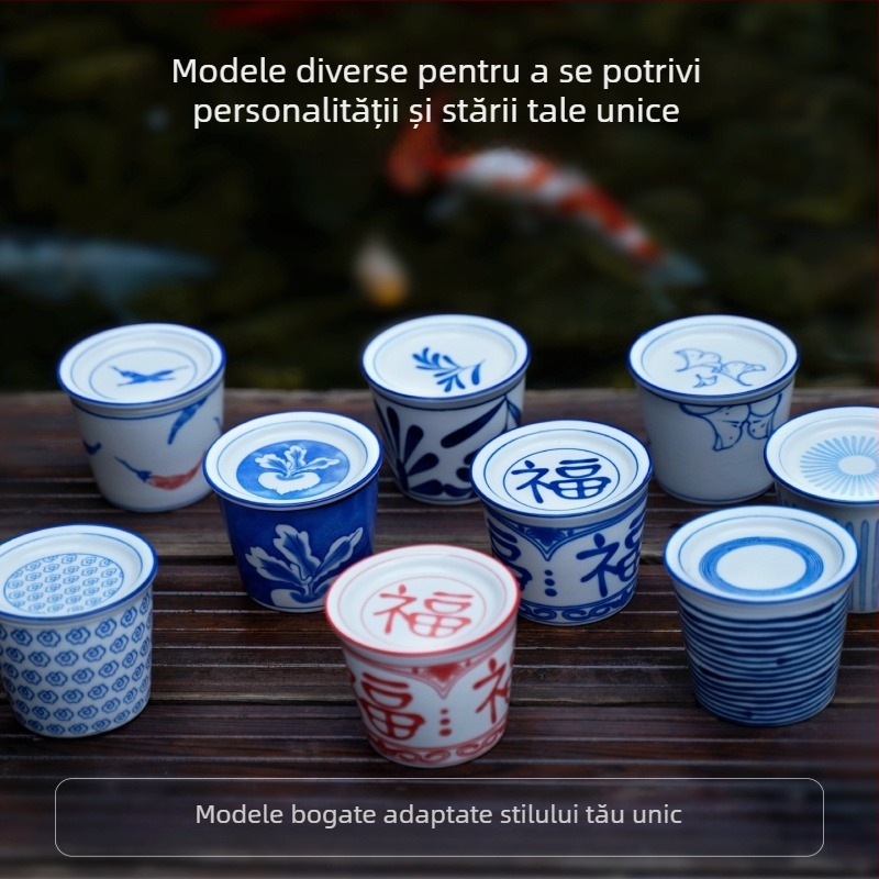 ceașcă de ceai cu glazură sub strat colorat și simbol de noroc, ceașcă japoneză tip choko alb-albastru, ceașcă de apă din porțelan, ceașcă de maestru — lux ușor retro