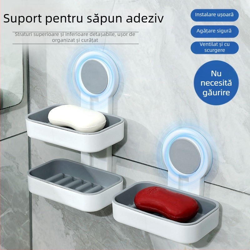 Suport de săpun montat pe perete, fără găuri, cu drenaj, suport dublu pentru săpun, săpun făcut manual în stoc