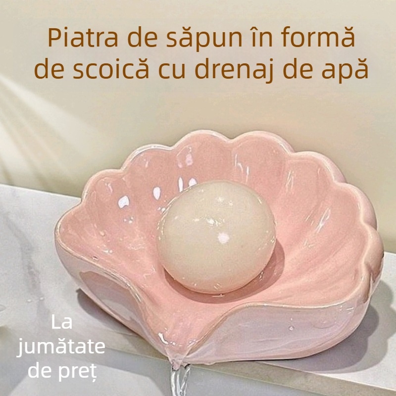 Suport din plastic pentru săpun, în formă de scoică, cu drenaj, design luxos, montaj fără găuri