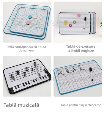 Tablă albă magnetică dublă față (A4/B4), mică, cu patru linii și trei pătrate, pentru copii, practică Pinyin și engleză, pe birou