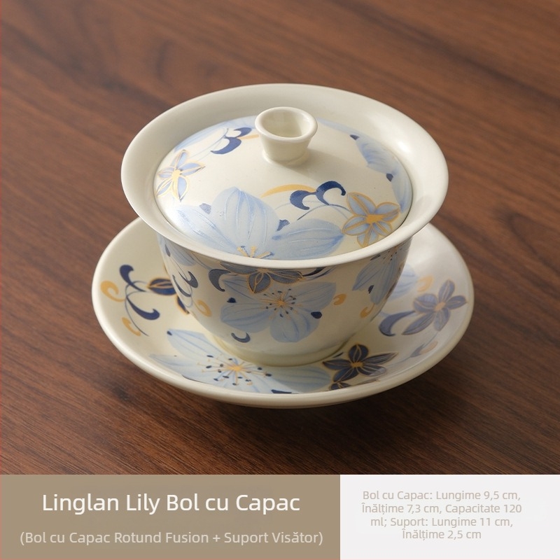 Linglan Lily gaiwan pentru ceai, ceramică trei-talente gaiwan Kung Fu set ceai, bol de ceai premium