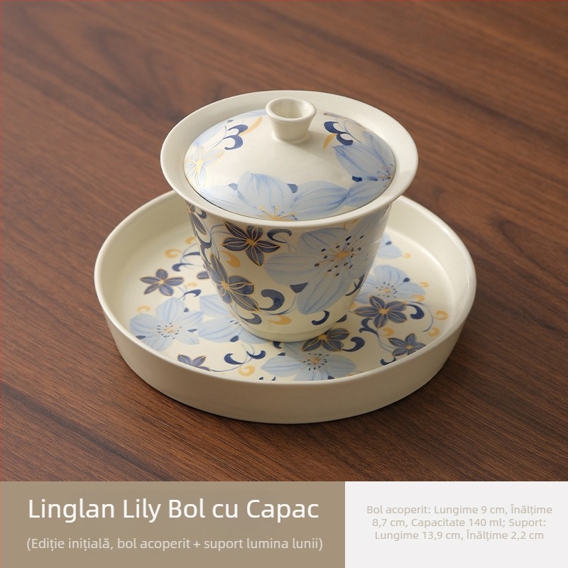 Linglan Lily gaiwan pentru ceai, ceramică trei-talente gaiwan Kung Fu set ceai, bol de ceai premium