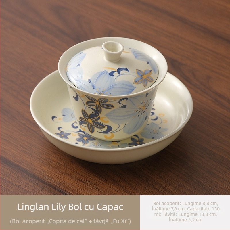 Linglan Lily gaiwan pentru ceai, ceramică trei-talente gaiwan Kung Fu set ceai, bol de ceai premium