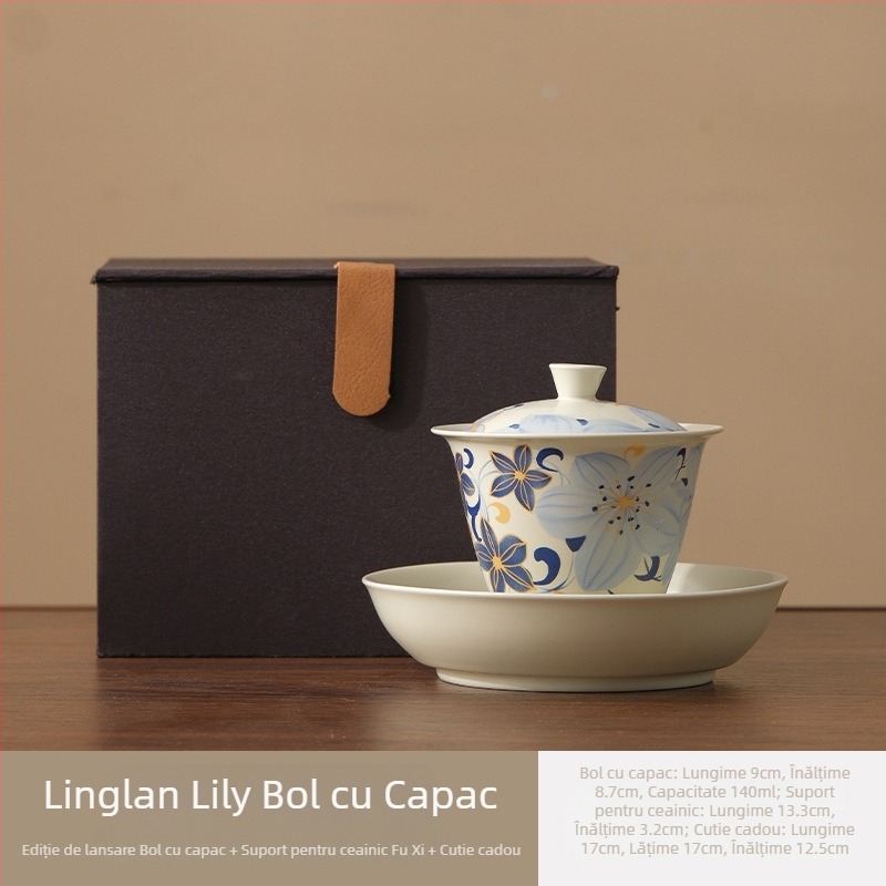 Linglan Lily gaiwan pentru ceai, ceramică trei-talente gaiwan Kung Fu set ceai, bol de ceai premium