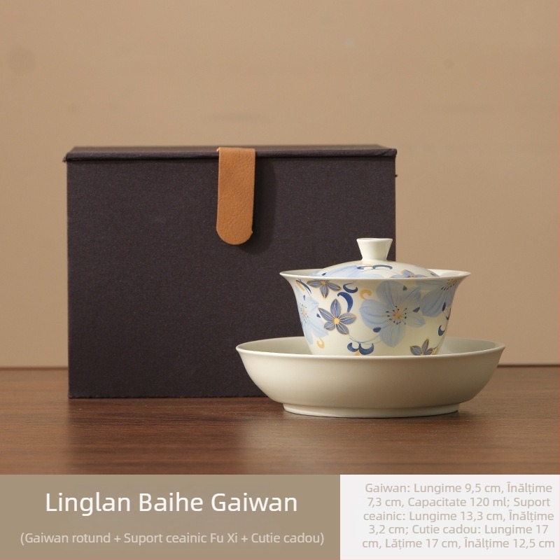 Linglan Lily gaiwan pentru ceai, ceramică trei-talente gaiwan Kung Fu set ceai, bol de ceai premium