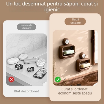 Săpun retro cu capac rabatabil, ventuză pentru montaj pe perete, organizator pătrat pentru baie cu drenaj