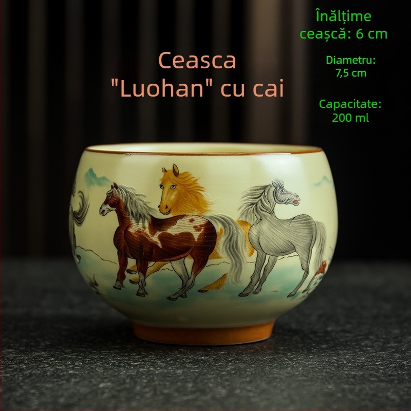 Căniță de ceai Luo Han, 200 ml porțelan bej, design retro alb-albastru, mare