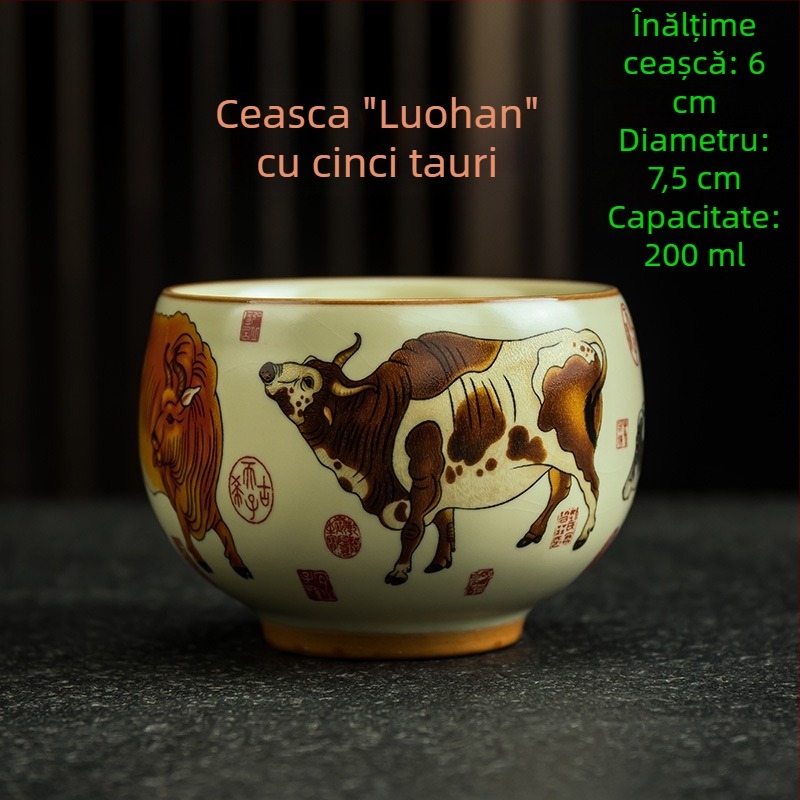 Căniță de ceai Luo Han, 200 ml porțelan bej, design retro alb-albastru, mare
