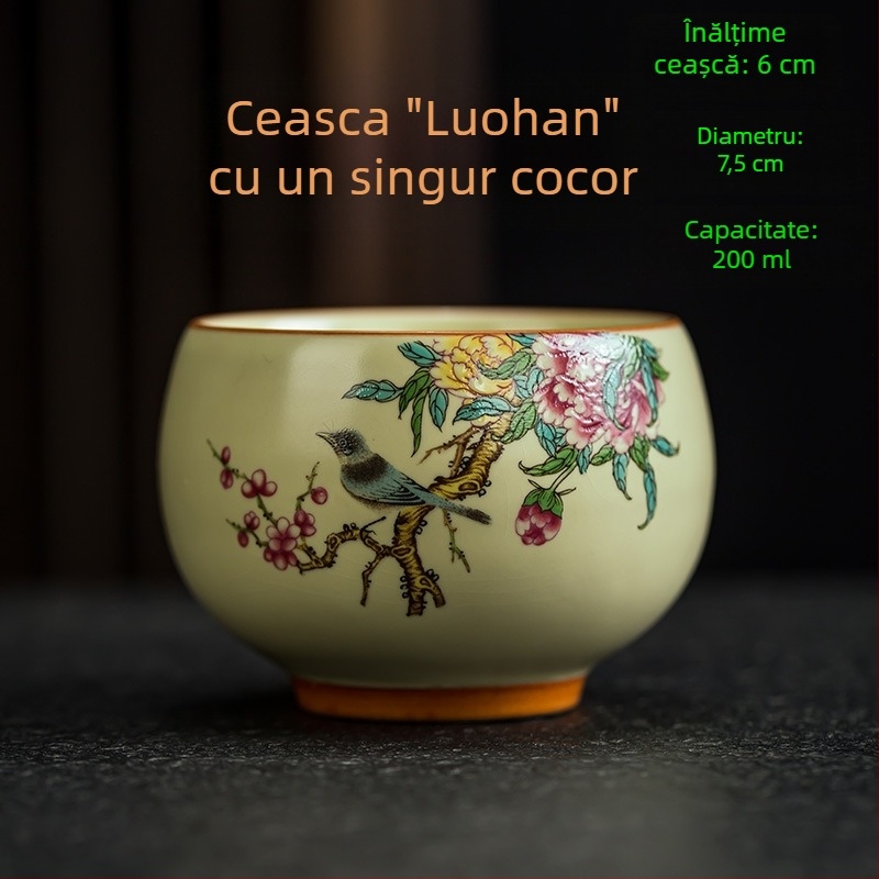 Căniță de ceai Luo Han, 200 ml porțelan bej, design retro alb-albastru, mare