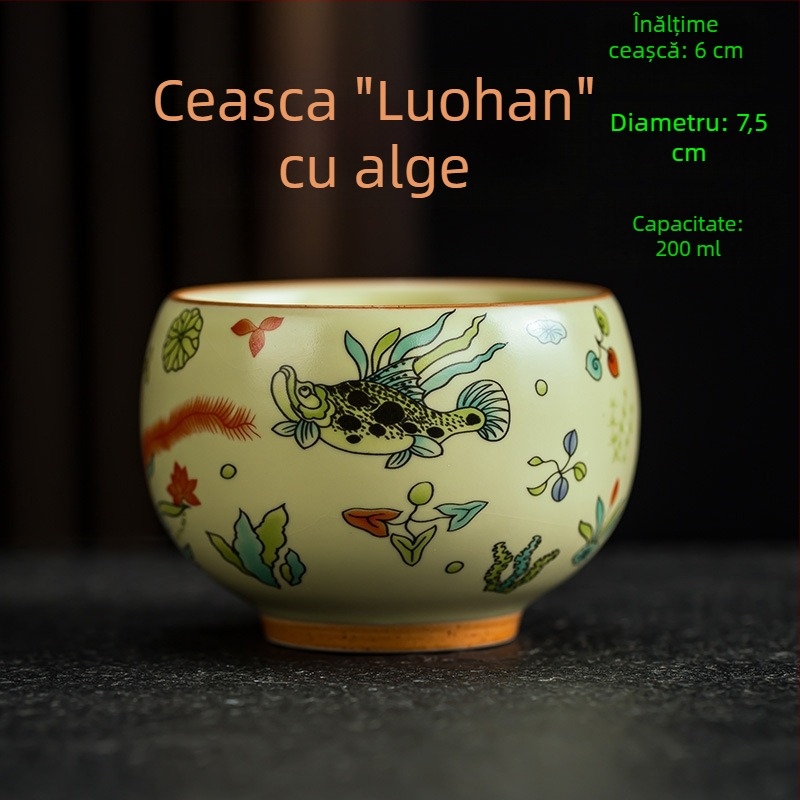 Căniță de ceai Luo Han, 200 ml porțelan bej, design retro alb-albastru, mare