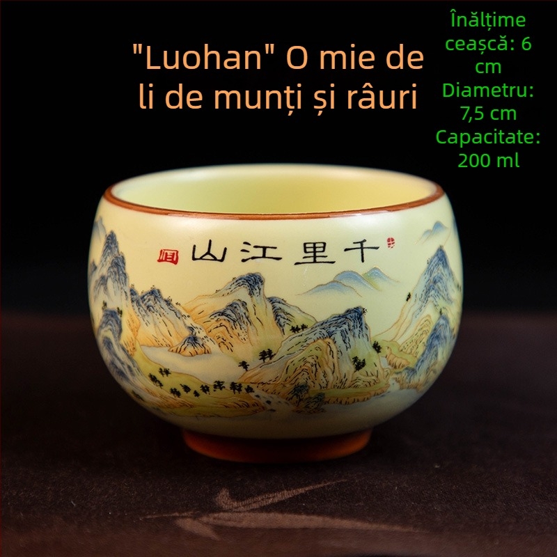 Căniță de ceai Luo Han, 200 ml porțelan bej, design retro alb-albastru, mare