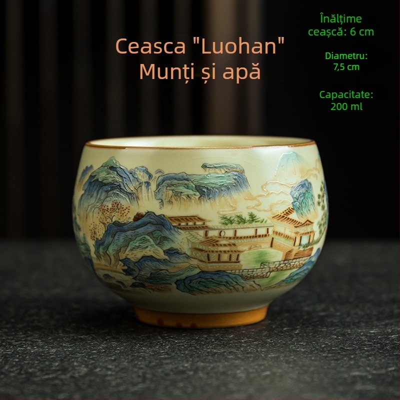 Căniță de ceai Luo Han, 200 ml porțelan bej, design retro alb-albastru, mare