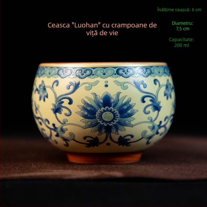 Căniță de ceai Luo Han, 200 ml porțelan bej, design retro alb-albastru, mare