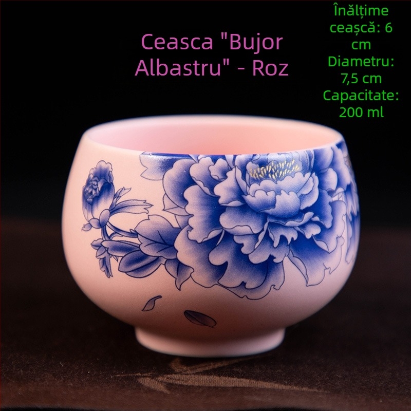 Căniță de ceai Luo Han, 200 ml porțelan bej, design retro alb-albastru, mare