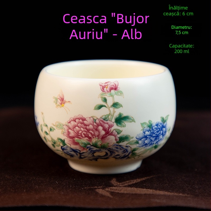 Căniță de ceai Luo Han, 200 ml porțelan bej, design retro alb-albastru, mare
