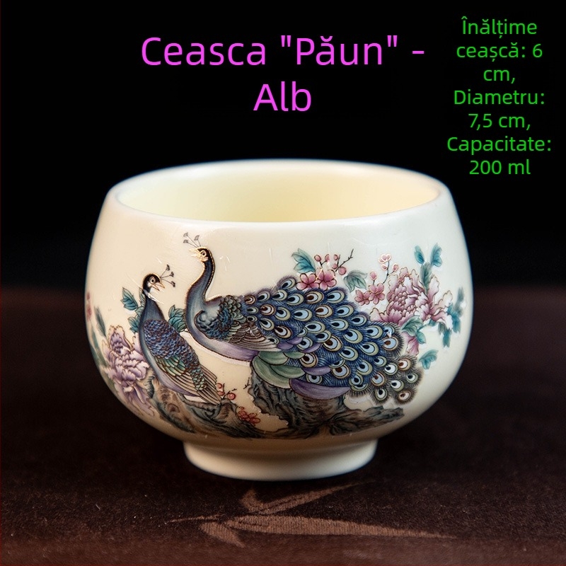 Căniță de ceai Luo Han, 200 ml porțelan bej, design retro alb-albastru, mare