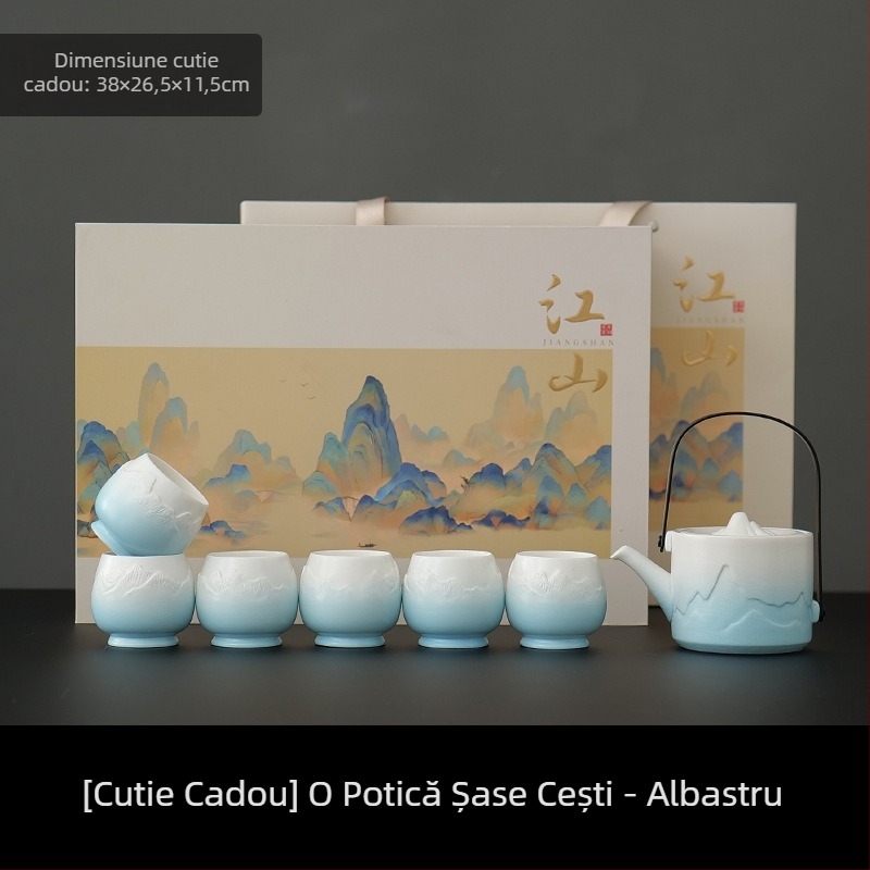 Set de ceai din porțelan cu capacitate mare, 1 ceainic și 4 cești, stil simplu chinezesc pentru uz casnic, cadou pentru noul cămin