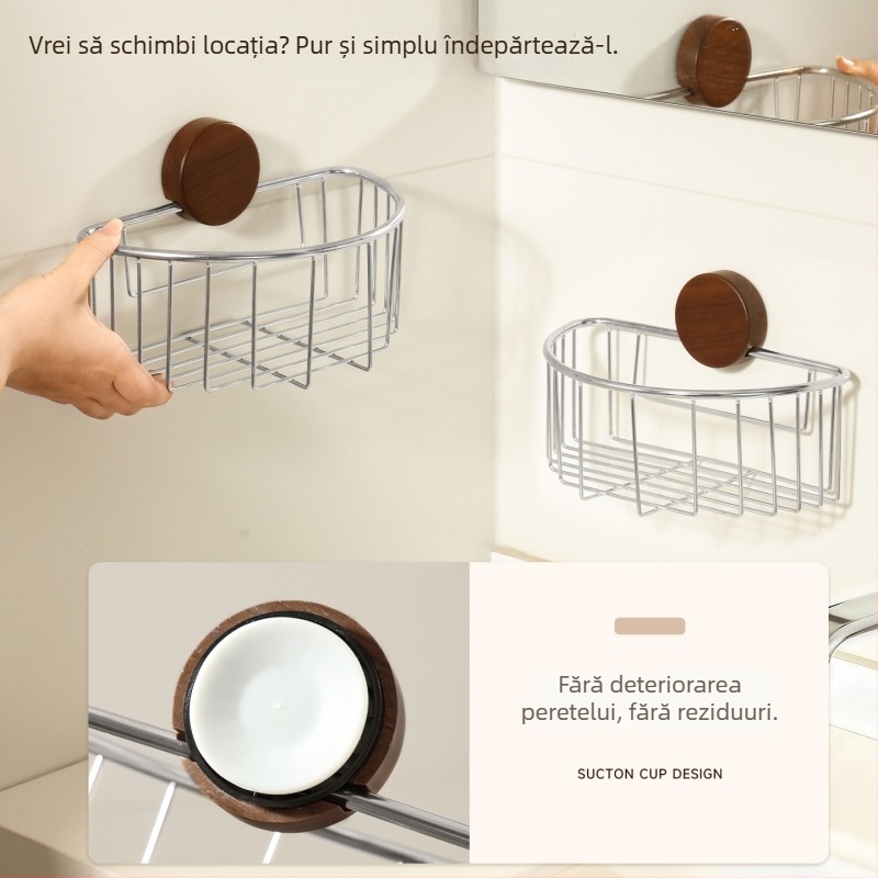 Raft de depozitare pentru baie din oțel inox, cu ventuze, fără găuri, design gol pentru chiuvetă