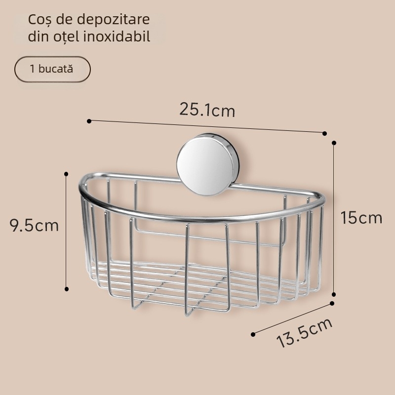 Raft de depozitare pentru baie din oțel inox, cu ventuze, fără găuri, design gol pentru chiuvetă