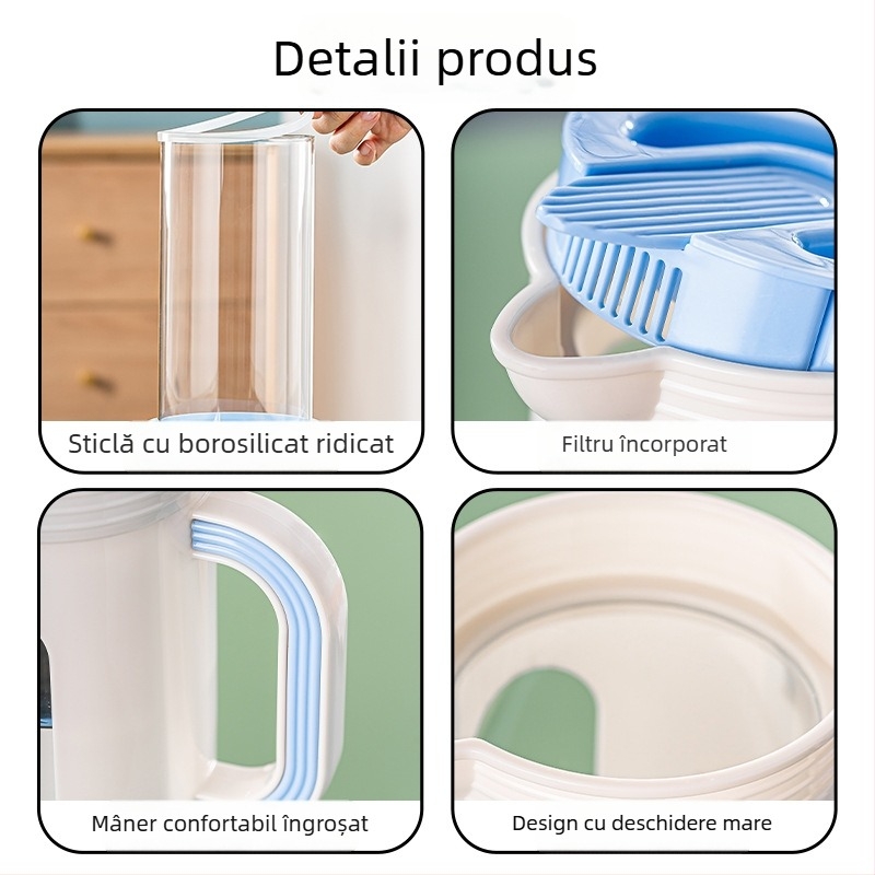 Recipient din sticlă borosilicată pentru apă rece, cu separare ceai-apă, uz casnic, portabil, rezistent la temperaturi înalte