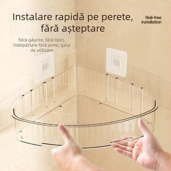 Raft triunghiular de baie, montat pe perete cu bandă adezivă, pentru depozitarea produselor de îngrijire a pielii