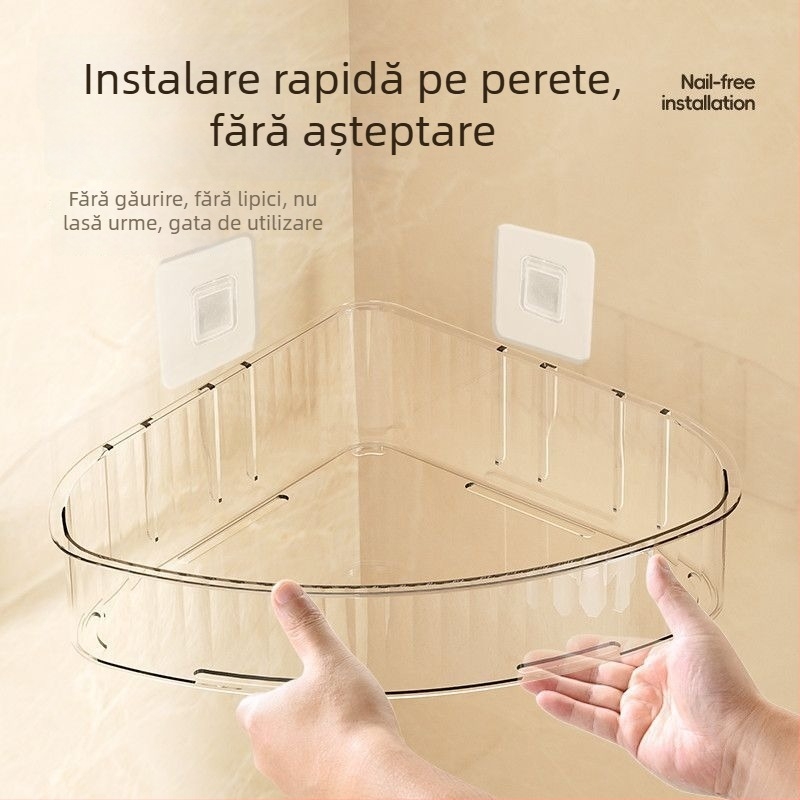 Raft triunghiular de baie, montat pe perete cu bandă adezivă, pentru depozitarea produselor de îngrijire a pielii