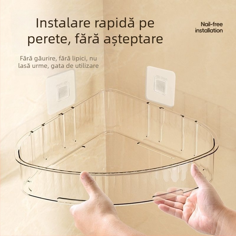 Raft triunghiular de baie, montat pe perete cu bandă adezivă, pentru depozitarea produselor de îngrijire a pielii