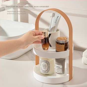 Organizator dublu nivel pentru machiaj pe birou, pentru îngrijire a pielii, parfum și ruj, cu suport rotativ