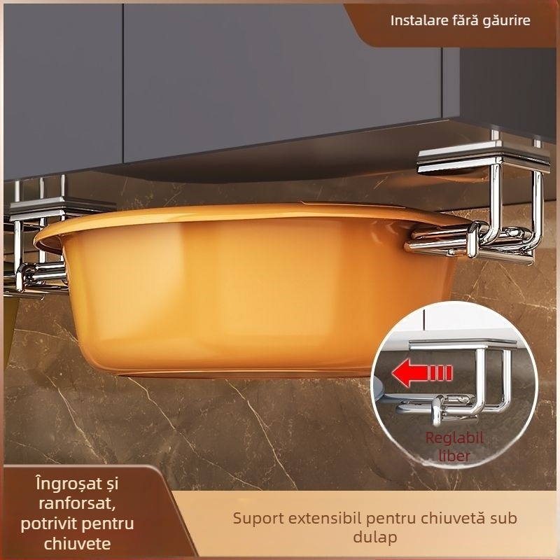 Raft suspendat din oțel inoxidabil pentru chiuvetă, depozitare multifuncțională pentru capace de oale și plăci de tăiat, montaj fără găuri