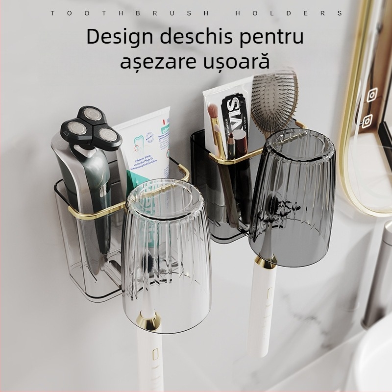 Raft montat pe perete pentru periuțe de dinți, fără găuri, cu suport de uscare pentru pahare — organizator de baie din plastic
